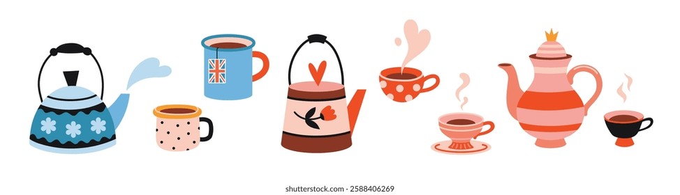 Set of cute teapots and cups. Tea time and cozy home decor concept. Trendy modern vector illustration isolated on white background, hand drawn, flat design