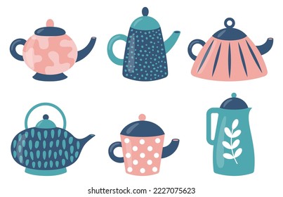 Set of cute teapots with different ornament. Kettle, tea and coffee or kitchen crockery theme. Vector illustration in flat style isolated on white background.