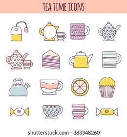 Set of cute teatime cartoon objects. Tea ceremony concept. Classical traditional tea party with muffins, sweets, lemons