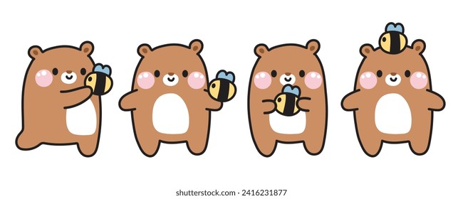 Conjunto de adorables osos de peluche con abejas en varias poses sobre fondo blanco.Colección de dibujos animados de carácter animal salvaje.Gráfico infantil.Kawaii.Vector.Ilustración