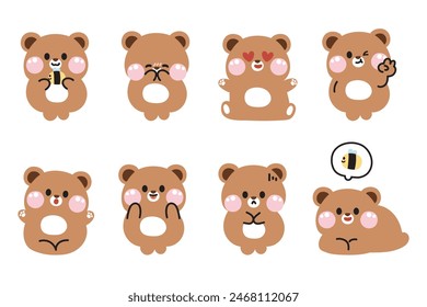 Conjunto de lindo oso de peluche y abeja pastel en varias poses y sentimiento.Wild animal personaje de dibujos animados diseño colección.Kawaii.Vector.Ilustración.