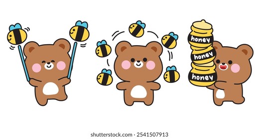 Set of cute teddy bear with bee and honey in various poses.Aerobics.Circus.Theme park.Wild animal character cartoon.Kawaii.Vector.Illustration.