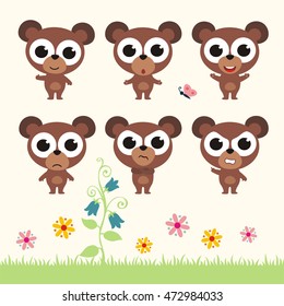 Set of cute teddy bear with big eyes in different emotions.