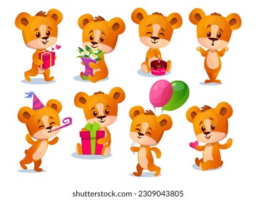Set of cute teddy bear characters on holiday with a gift box, cake, balloons, and wearing a party hat isolated on white background. Birthday celebration collection. Cartoon vector illustration.