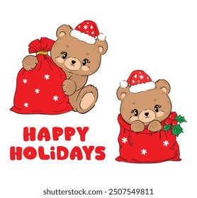 Set Cute Teddy Bear christmas background. Kids print vector illustration, Holidays decor