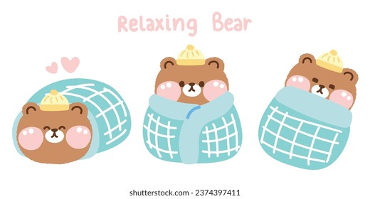 Set of cute teddy bear doll relax in various poses cover with a blanket.Wild animal character cartoon design.Pastel.Kawaii.Vector.Illustration.