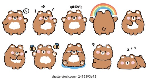 Conjunto de lindo oso de peluche muñeca en varias poses y sentimiento. Emocional. Saludo, llanto, gracias, baile, arco iris, abeja. Dibujos animados de carácter animal salvaje diseño. Imagen para tarjeta, póster, producto para bebé. Kawaii. Vector