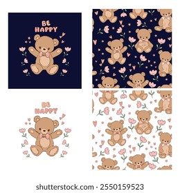 Definir Urso de pelúcia bonito e padrão de flores sem costura, ilustração vetorial Desenhado à mão Design de impressão bonito