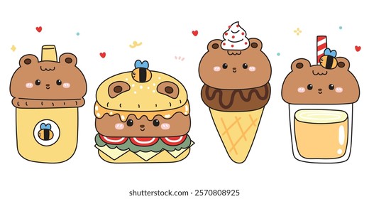 Set of cute teddy bear in food concept.Bee and honey.Fastfood.Hamburger,fresh fried,ice cream,drink.Wild animal character cartoon.Kawaii.Vector.Illustration.