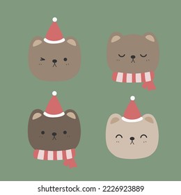 Set of Cute teddy bear head flat design cartoon. Teddy bear elements. Card decoration elements.