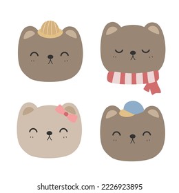 Set of Cute teddy bear head flat design cartoon. Teddy bear elements. Card decoration elements.