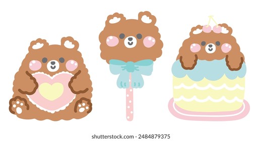 Conjunto de lindo oso de peluche sostener heart.Candy.Cherry cake.Bakery y dulce.Pastel.Wild animal de dibujos animados character.Kawaii.Vector.Illustration.