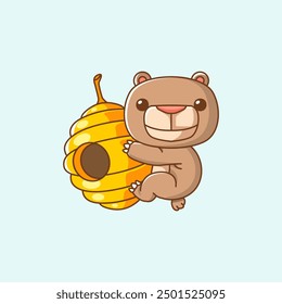 set Cute teddy bear hug honey hanging kawaii chibi character mascot illustration outline style