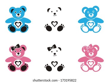 Set of cute teddy bear icons with heart