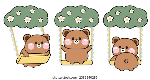 Juego de adorables osos de peluche que tocan un diseño de hierba oscilante y flor. Selva. Diseño de dibujos animados de animales salvajes. juguete infantil. Tiempo divertido. Kawaii.Vector.Ilustración.