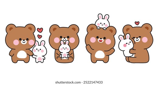 Conjunto de lindo oso de peluche con conejo conejo en varias poses. Amistad. Amor. Animal salvaje y roedor. Diseño de dibujos animados de personajes. Kawaii. Vector. Ilustración.