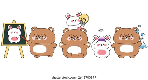 Set of cute teddy bear and rabbit in back to school concept.Student and teacher.Art,idea,test tube,science.Study learn.Wild and rodent animal character cartoon.Kawaii.Vector.Illustration