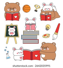 Set of cute teddy bear and rabbit in back to school concept.Student and teacher.Brush,basketball,science experiment bottle,pencil,trophy.Study learn.Wild and rodent animal character cartoon.