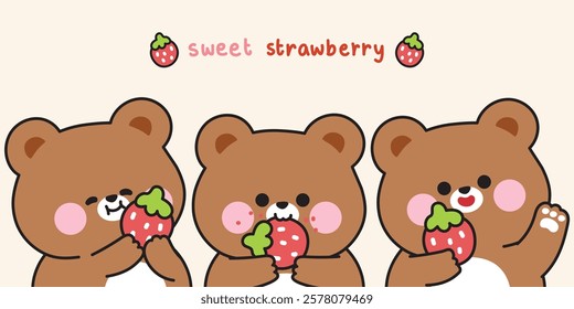 Set of cute teddy bear with strawberry fruit in various poses.Wild animal character cartoon.Image for card,sticker,baby clothing,print screen.Kawaii.Vector.Illustration.