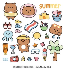 Set of cute teddy bear in summer concept.Sea and beach.Tiny icon.Animal character cartoon design.Coconut tree.Kawaii.Vector.Illustration.