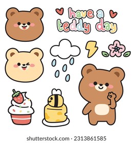 Set of cute teddy bear and tiny icon cartoon.Wild animal hand drawn colleciton.Image for card.Cupcake,bee,cheese,bee,flower,cloud.Kawaii.Vector.Illustration.