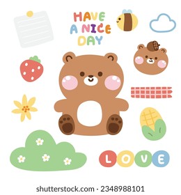 Set of cute teddy bear with tiny icon.Pastel color.Wild animal character cartoon design collection.Image for card,poster,sticker.Kawaii.Vector.Illustration