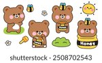 Set of cute teddy bear in various poses with honey and bee.Flower.Sun.Jungle.Wild animal character cartoon design.Kawaii.Vector.Illustration.