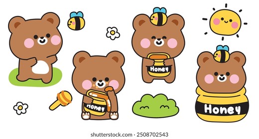 Set of cute teddy bear in various poses with honey and bee.Flower.Sun.Jungle.Wild animal character cartoon design.Kawaii.Vector.Illustration.