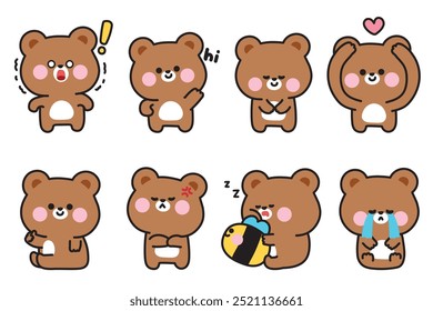 Conjunto de lindo oso de peluche en varias sensaciones y poses. Emocional. Bee. Diseño de dibujos animados de personajes de animales salvajes. Imagen para tarjeta, pegatina, decorada, producto para bebés. Kawaii. Vector. Ilustración.