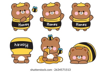 Set of cute teddy bear in various poses and feeling.Honey and bee.Wild animal character cartoon design.Kawaii.Vector.Illustration