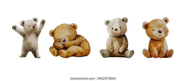 set of cute teddy bear watercolor isolated on white background, adorable wildlife animal clipart vector illustration