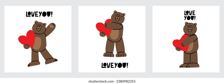 Set of cute Teddy Bears with big hearts. Illustration on simple modern cartoon style. Colorful various funny characters. Isolate on a white background. Valentines day, love, romance, toy, gift concept