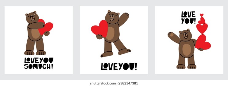 Set of cute Teddy Bears with big hearts. Illustration on simple modern cartoon style. Colorful various funny characters. Isolate on a white background. Valentines day, love, romance, toy, gift concept