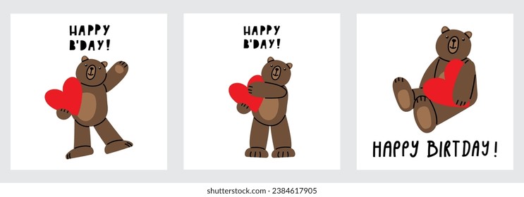 Set of cute Teddy Bears with big hearts. Illustration on simple modern cartoon style. Colorful various funny characters. Isolate on a white background. Valentines day, love, romance, toy, gift concept