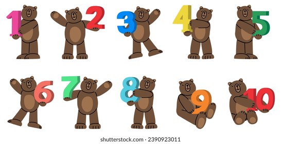 Set of Cute Teddy Bears with big numbers.  Illustration on simple modern style. Colorful flat vector illustration isolate on a white background. For Birthday card, t-shirt print, sticker, cup.