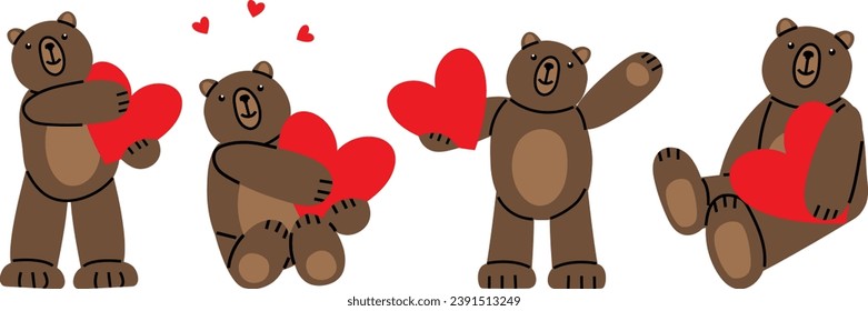 Set of cute Teddy Bears with big hearts. Illustration on simple modern cartoon style. Colorful various funny characters. Isolated on white background. Valentines day, love, romance, toy, gift concept.