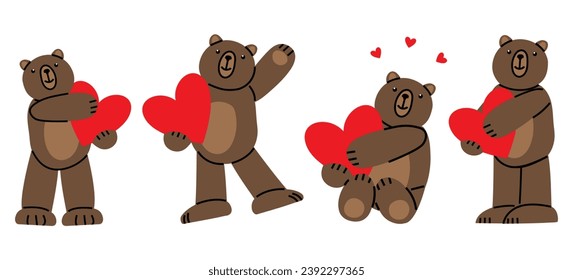 Set of cute Teddy Bears with big hearts. Illustration on simple modern cartoon style. Colorful various funny characters. Isolated on white background. Valentines day, love, romance, toy, gift concept.