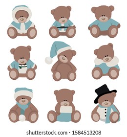 Set of cute teddy bears in blue clothes. Vector illustration collection. 
