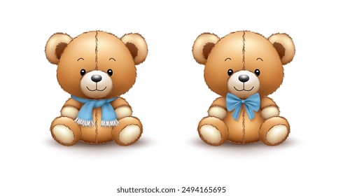 A set of cute teddy bears with a bow and a knitted scarf. Toy characters