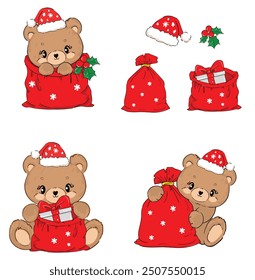 Set Cute Teddy Bears christmas background. Kids print vector illustration, Holidays New Years decor