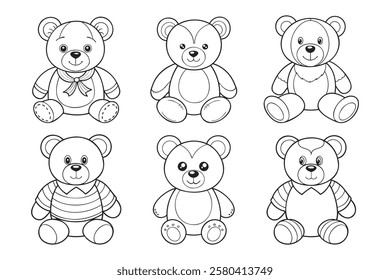 Set of cute teddy bears for coloring. Collection of plush toys. Illustration, sketch