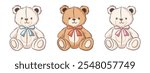 Set of cute teddy bears in different colors wearing bows, ideal for babies or children. Fluffy soft stuffed toys.