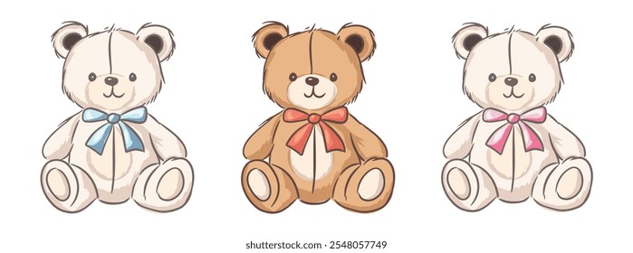 Set of cute teddy bears in different colors wearing bows, ideal for babies or children. Fluffy soft stuffed toys.