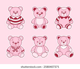 Set of cute teddy bears in different poses. Collection of pink plush toys. Illustration