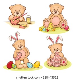 Set of cute teddy bears with Easter eggs.