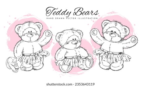 Conjunto de osos de peluche bonitos con estilo de boceto dibujado a mano, ilustración vectorial aislada en fondo blanco. Oso de peluche monocromo vestido con falda. Dibujo de animales de peluche vintage.