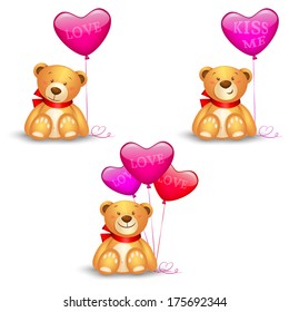 Set of cute teddy bears with in heart shape balloons, festive icon, valentines day