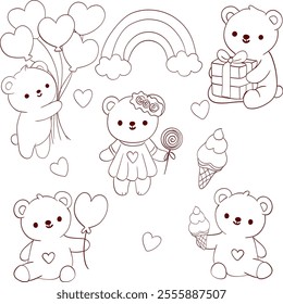 Set of cute teddy bears, hearts, balloons, ice cream, rainbow, gift box, clouds and hearts. Vector illustration