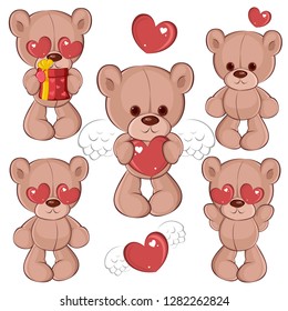 Set of cute teddy bears in love for Valentine's Day with heart. Children's character