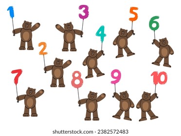 Set of Cute Teddy Bears with numbers balloons.  Illustration on simple modern style. Colorful flat vector illustration isolate on a white background. For Birthday card, t-shirt print, sticker, cup.